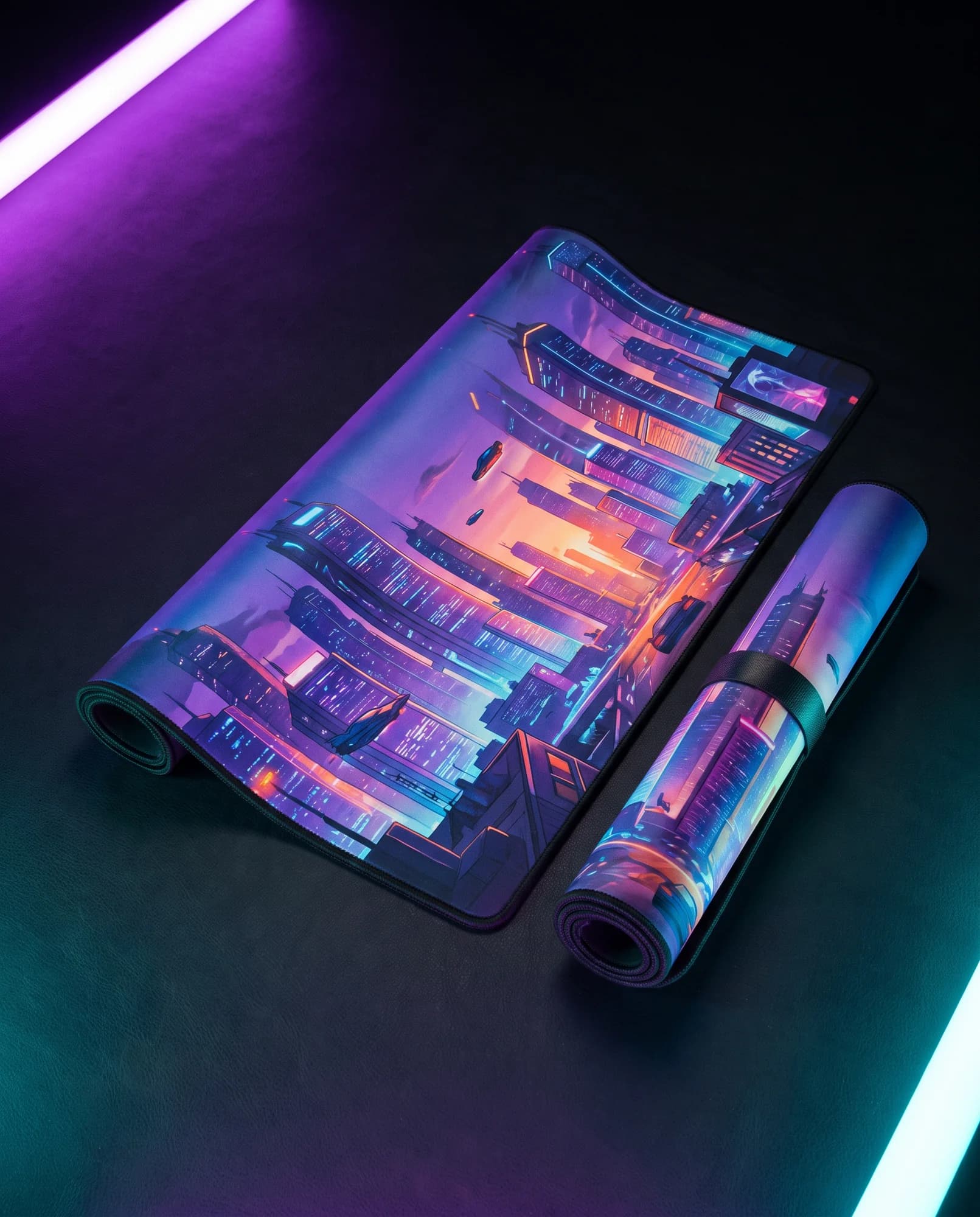 Desk mat printed with neon anime city artwork