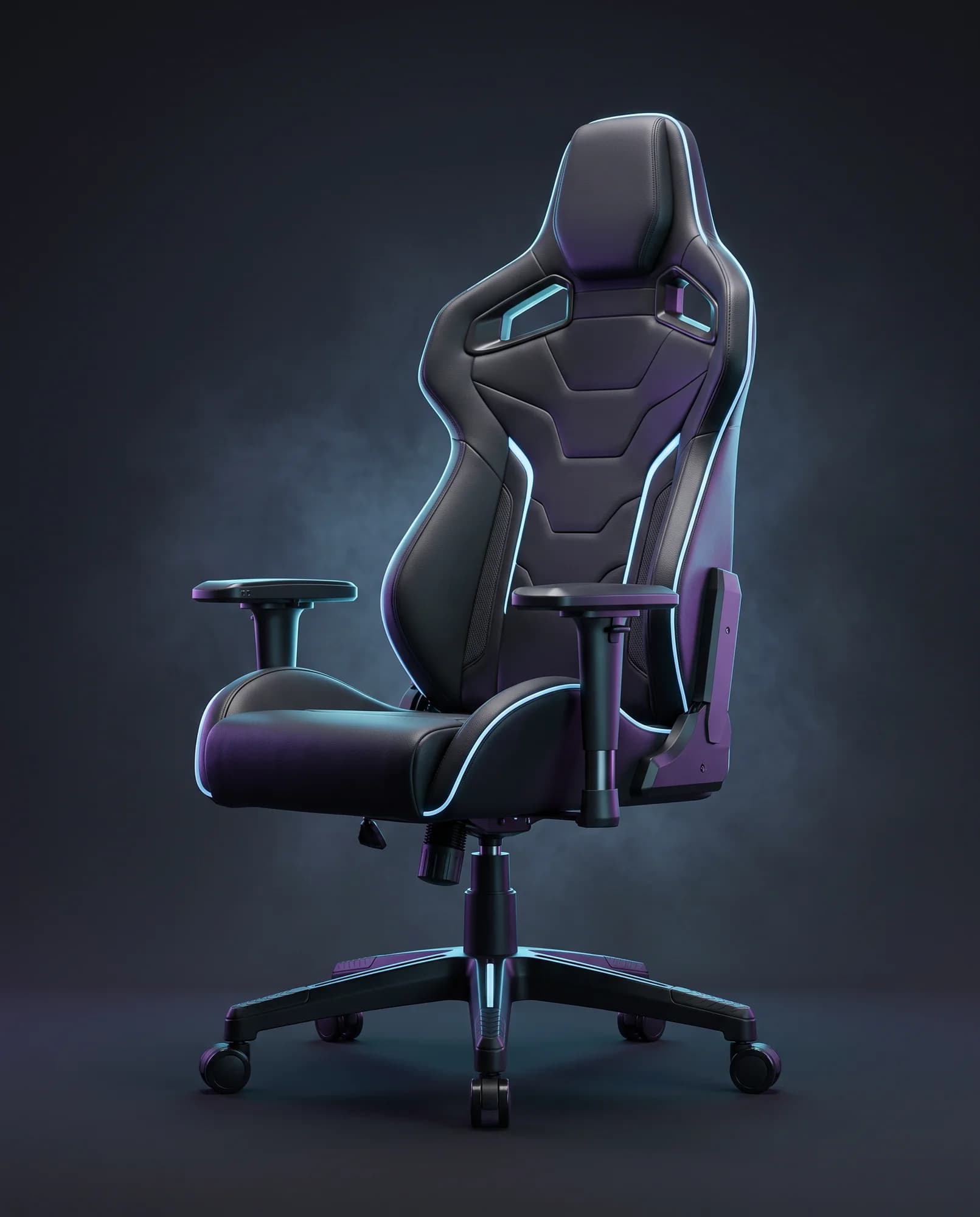 Futuristic matte black gaming chair with ice-blue LED accents